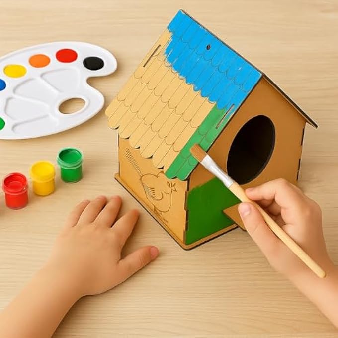 WOODEN BIRD HOUSE MODEL KIT FOR PAINTING WITH PAINTS AND BRUSH. MDF WOODEN PUZZLE MODEL MAKING 3D WOODEN KIT FOR CHILDREN - Image 2